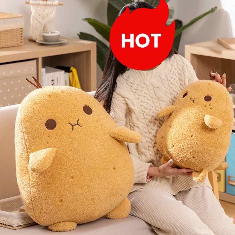 High-ROI novelty potato plushies held by a model with a hot seller tag, maximizing impulse-buy retail distributor appeal.
