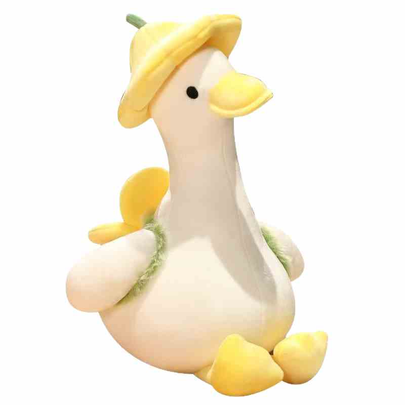 High-ROI purple flower hat goose soft toys sitting side-by-side, maximizing romantic cottagecore room decor retail appeal.