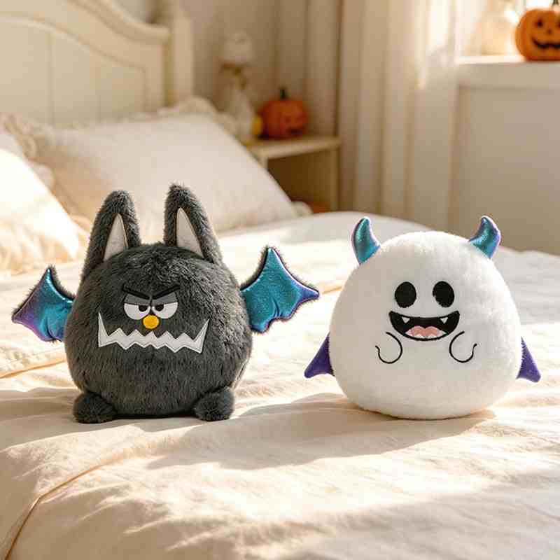 High-ROI round Halloween stuffed animal cushions in bat and ghost designs sitting on a bed, maximizing seasonal home decor appeal.
