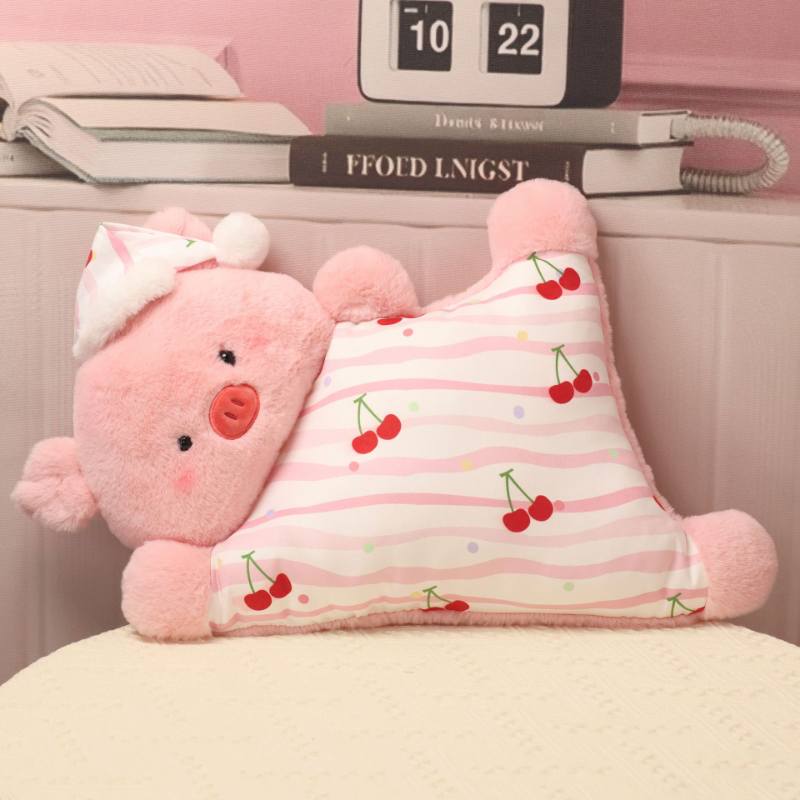 High-ROI pink sleeping pig plush reading pillow with cherry pattern for room decor distributors.