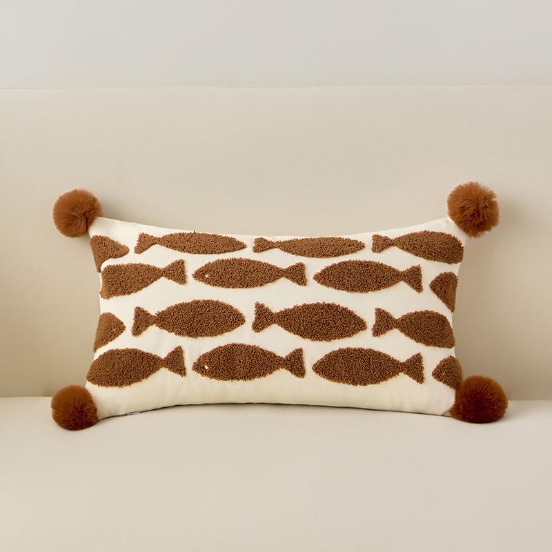 High-ROI brown tufted fish pattern lumbar cushion with pom-poms, optimized for retail distributors.