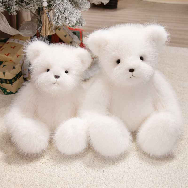 High-ROI white fluffy bear plushies sitting together, perfect for holiday gift shop retail vendors.