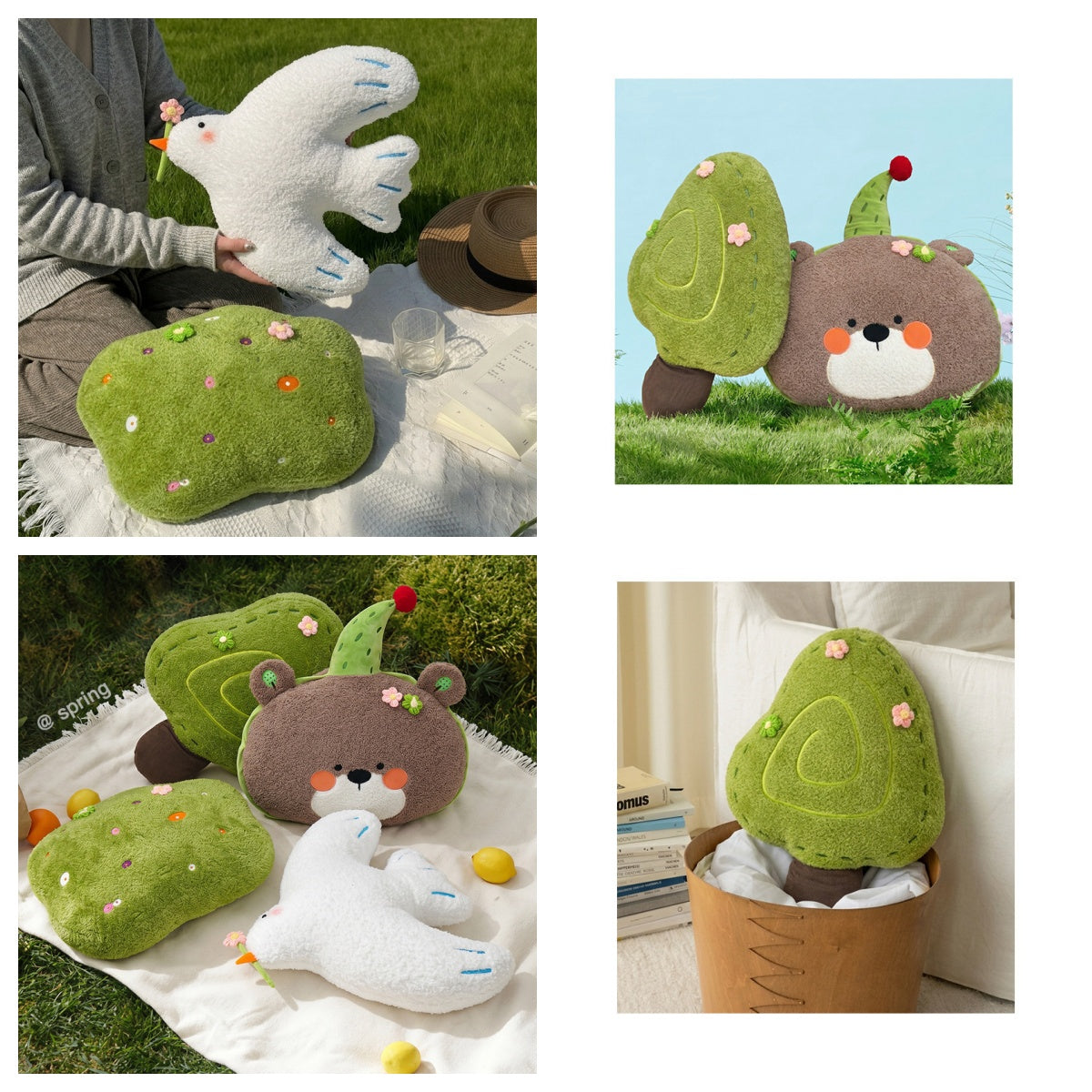 Complete Spring Forest plush collection including bear, bird, tree, and grass pillows by FancyPlushies.