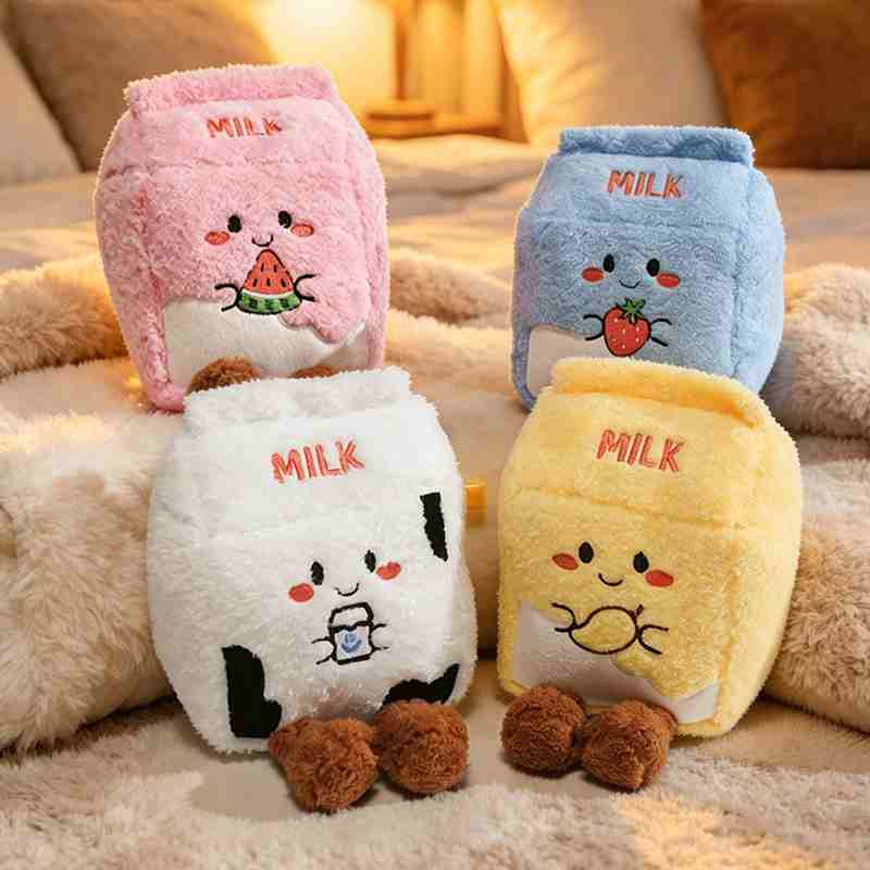Hot-selling fruit milk carton plush collection with embroidered faces and dangling feet, perfect for retail wholesale.