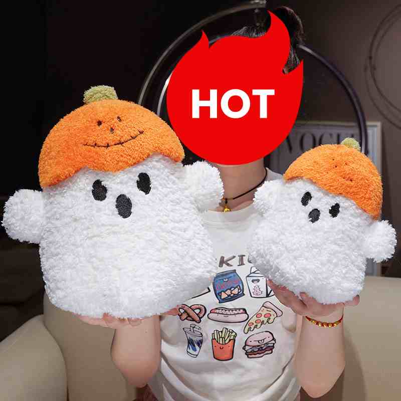 Hot-selling pumpkin ghost plush toys held by a model with a hot seller tag, showcasing trending Halloween boutique inventory.