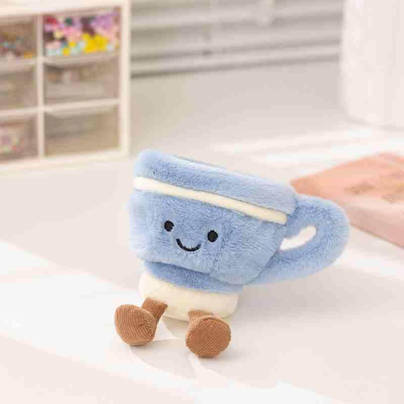 Kawaii blue teacup plush toy with high-density embroidery, ideal for low MOQ mixed-carton wholesale ordering.