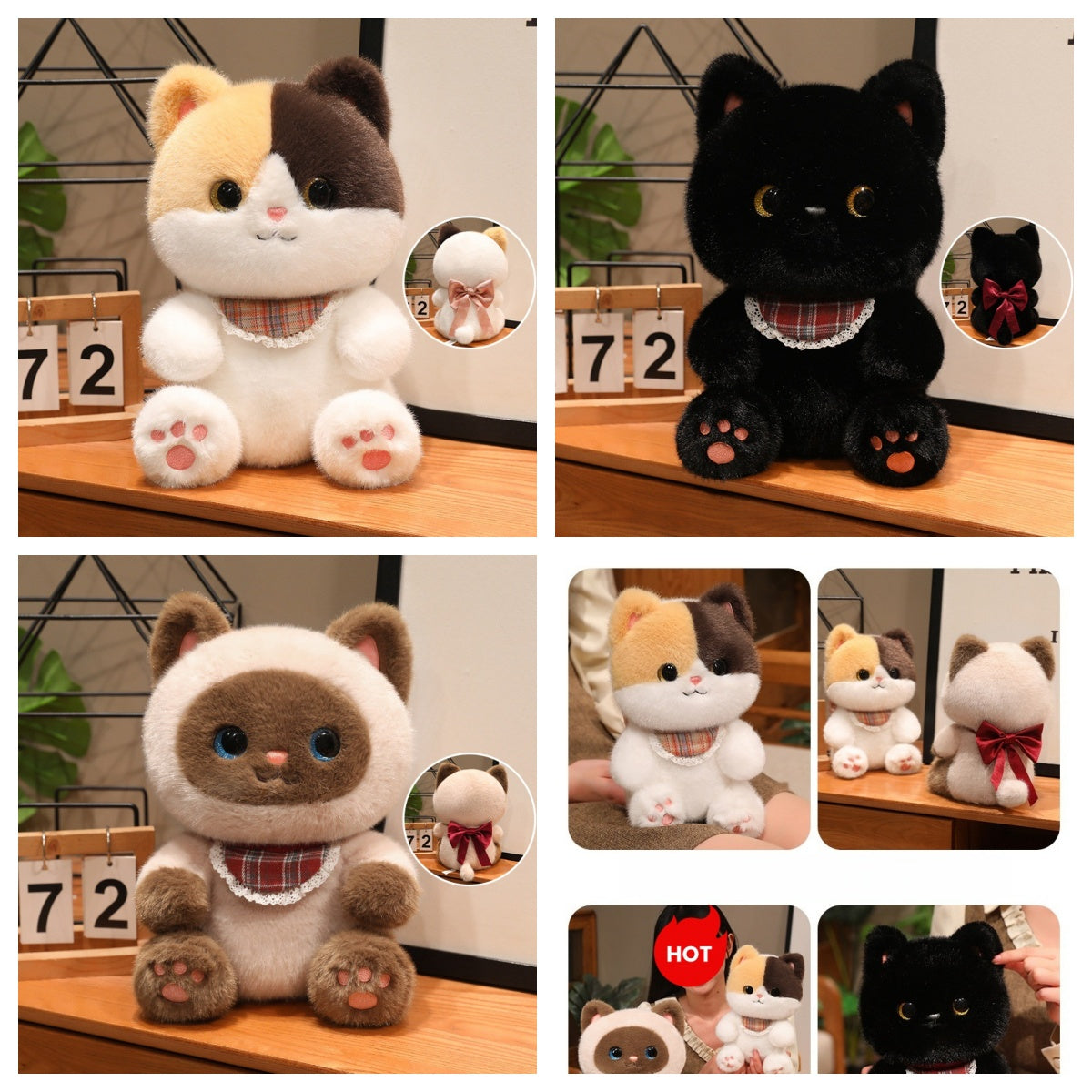 A photo collage showcasing a collection of fluffy round cat plush toys, featuring the Siamese, Calico, and Black cat designs, along with lifestyle photos of a person holding them.