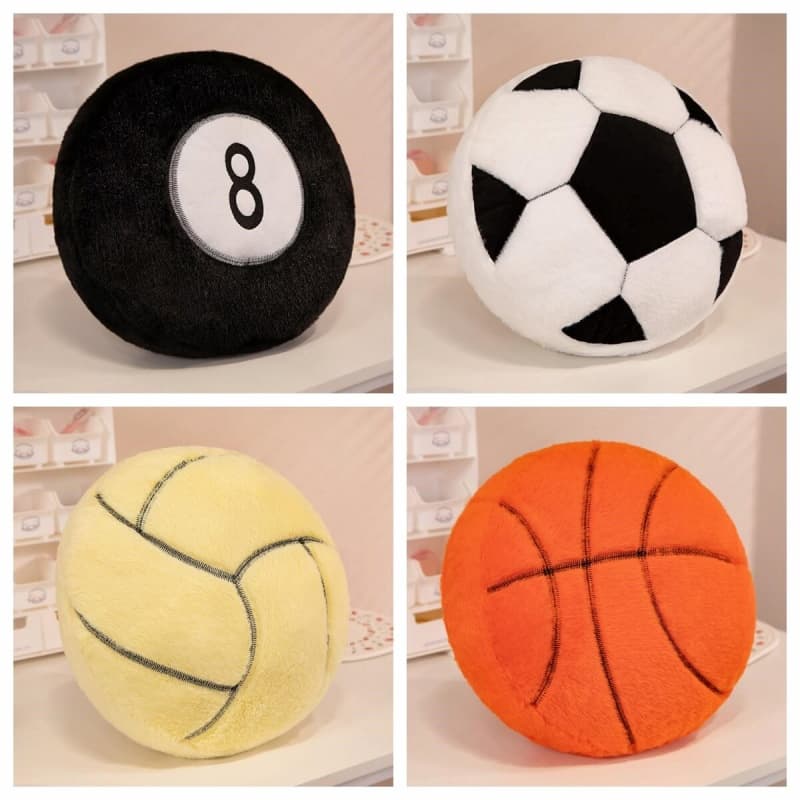 Bulk supply of wholesale kawaii sports ball plush pillows including 8-ball, soccer, volleyball, and basketball for retail store owners.