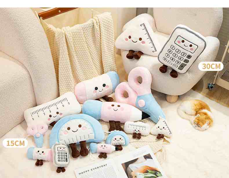 Full family set of wholesale Kawaii stationery plush toys held by a model, a high-ROI amusement prize.