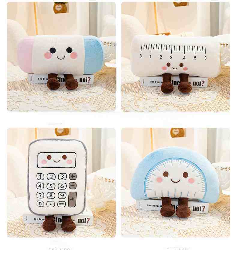 Small Kawaii stationery plush charms and bag pendants including scissors and protractors for mini claw machines.
