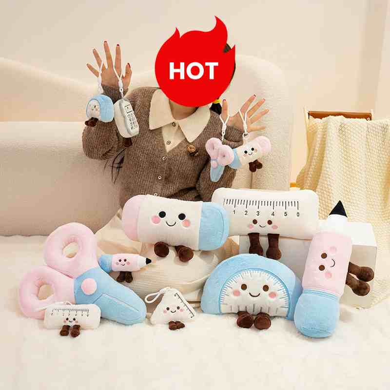 Bulk assortment of 15cm and 30cm Kawaii stationery plush toys for arcade and supermarket restocking.