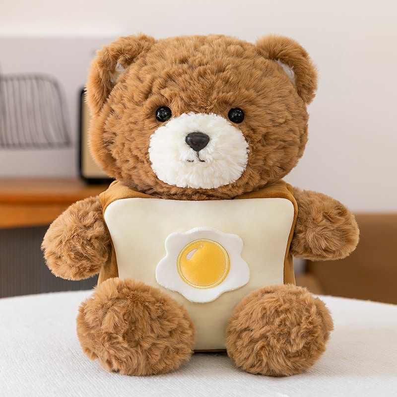 Kawaii toast and fried egg teddy bear plush, ideal for cafe merch and gift shop supply.