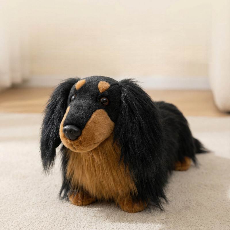 Close-up of a premium long-haired dachshund soft toy for wholesale boutique supply.