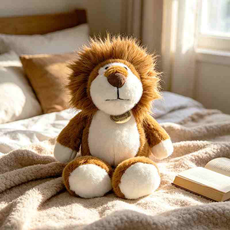 Luxury stuffed lion cushion plush with a fluffy brown mane, demonstrating premium visual merchandising for global B2B trade partners.