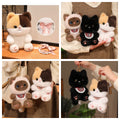 A collage displaying mini cat plush keychains used as cute bag charms, showing the Siamese, Calico, and Black stuffed animals attached to purses and held in hand.