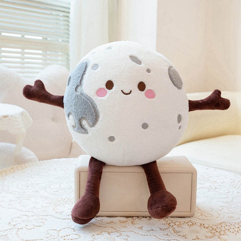 Soft Moon stuffed toy with sleepy face, space theme bulk plushie for amusement parks and gift shops.