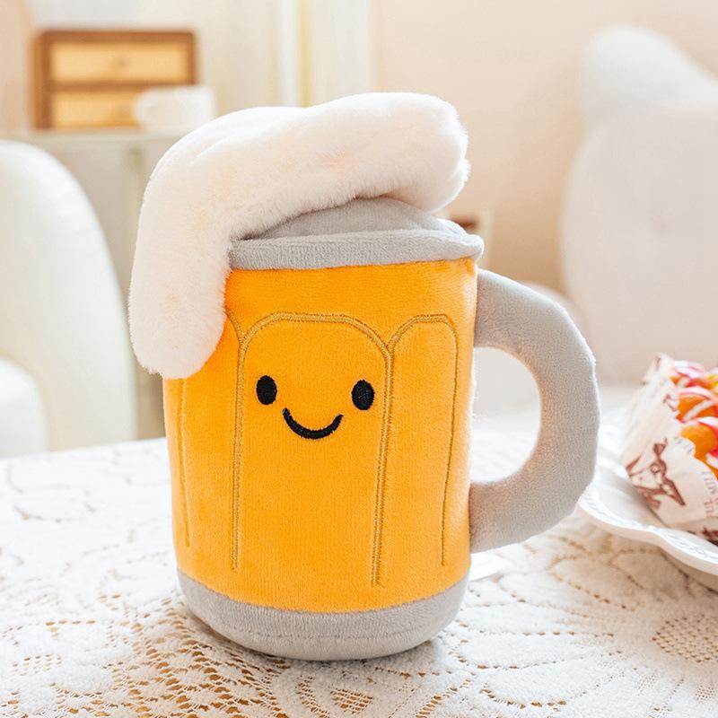 Close-up of a cute yellow beer mug plush toy with fluffy white foam and a kawaii smiling face, popular novelty gift and arcade claw machine prize.