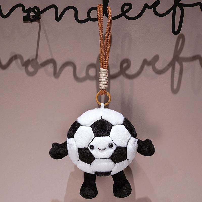 Novelty soccer ball plush bag charm keyring for boutique gift shop supply and sports merchandise.