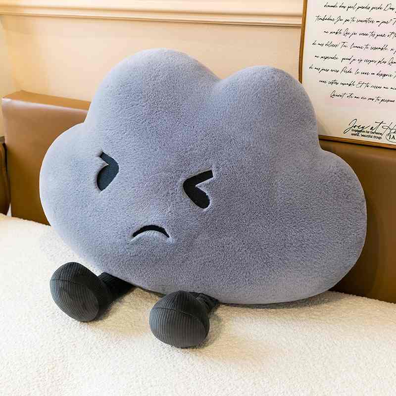 Nursery decor grumpy grey storm cloud plush cushion on bed for global wholesale distributors.