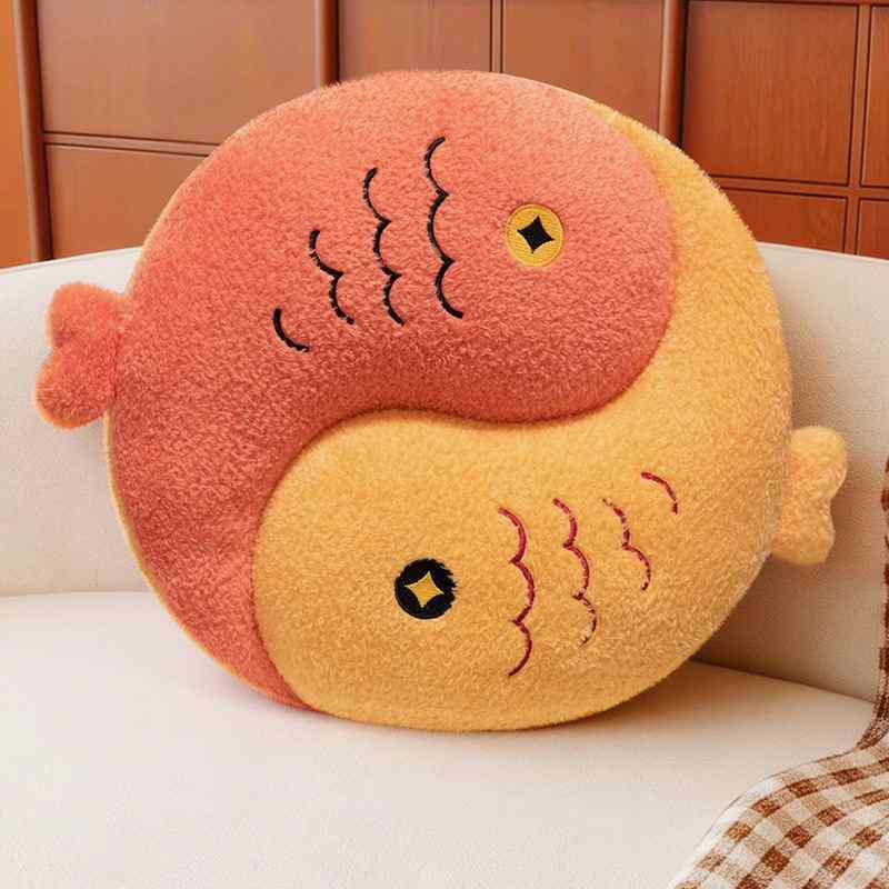 Warm orange and white lucky Koi fish Yin Yang plush pillow, back support cushion.