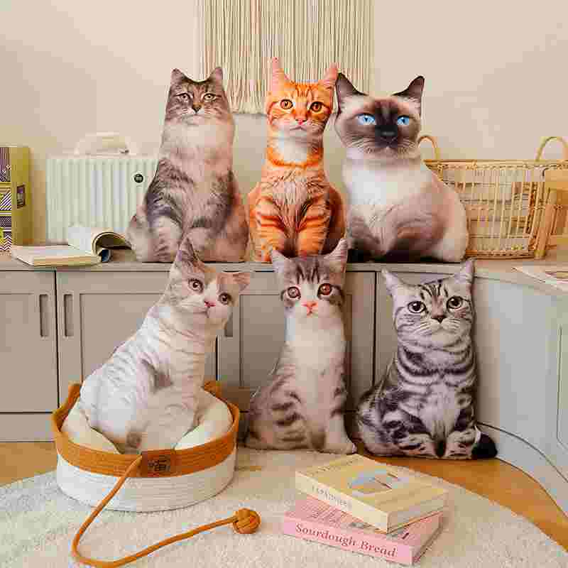 Premium 3D cat stuffed animal set arranged with a basket, ideal for home decor wholesale and pet boutiques.