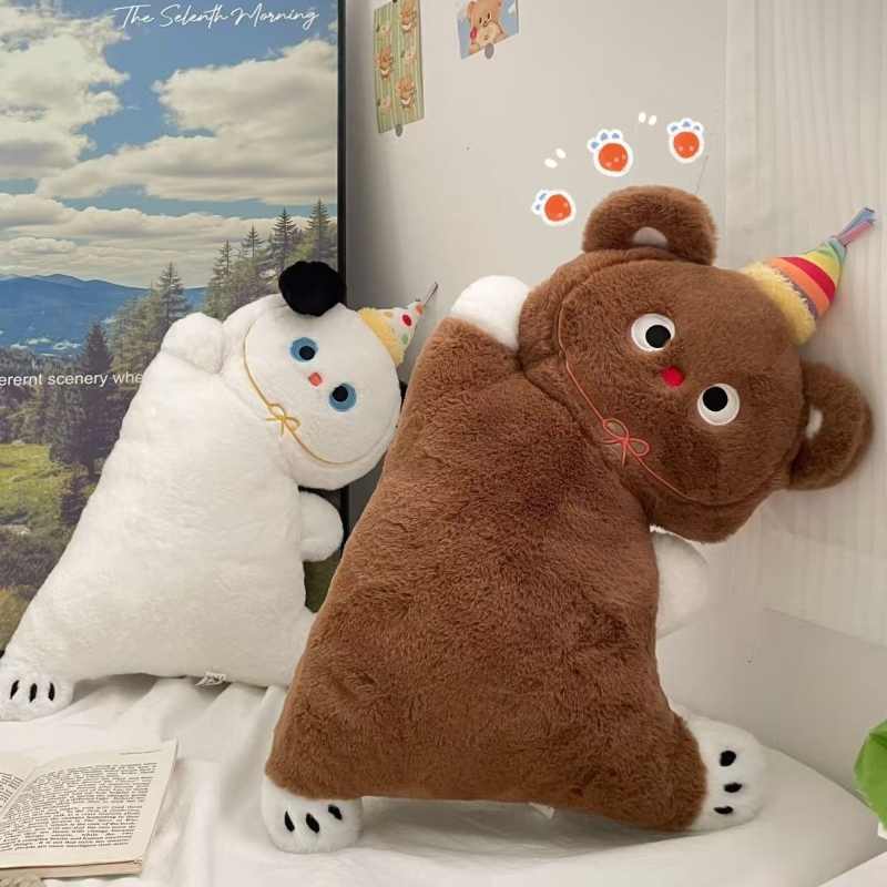 Premium boutique white dog and brown bear plush toys wearing party hats for gift shop wholesale.