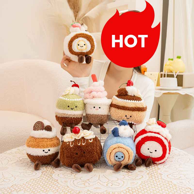 Premium boutique cake plush collection display for wholesale buyers and claw machine prize sourcing.