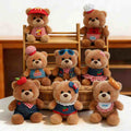 Premium boutique dressed teddy bear plush display featuring multiple outfit styles sitting on wooden shelves and wicker baskets for wholesale.