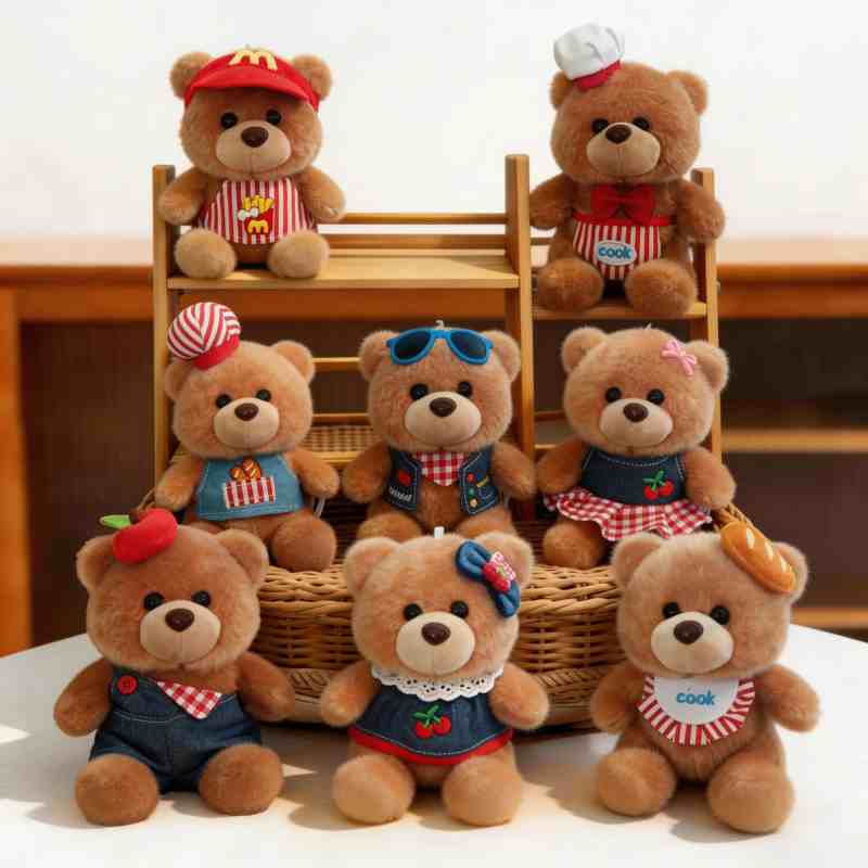 Premium boutique dressed teddy bear plush display featuring multiple outfit styles sitting on wooden shelves and wicker baskets for wholesale.