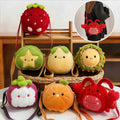Premium boutique fruit plush bag collection display in a wicker basket with a model wearing a red crab plush crossbody purse.