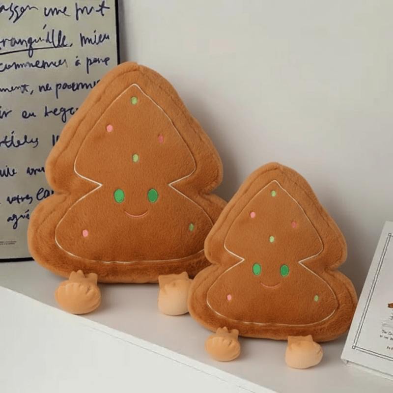 Premium boutique gingerbread tree plush cushions in two sizes for wholesale distributors.