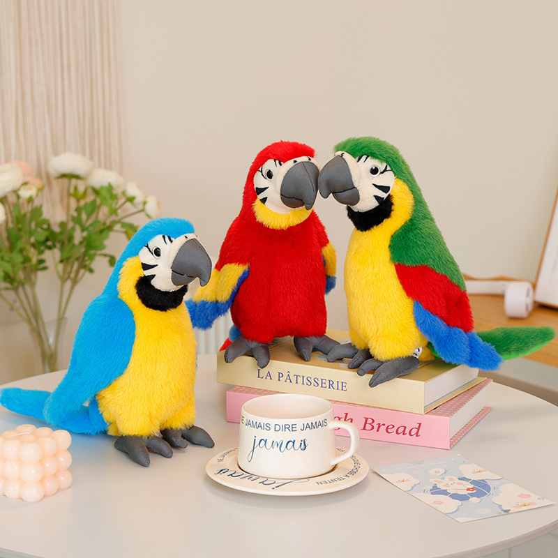 Premium boutique parrot soft toy set resting on books, optimized for tropical decor wholesale distributors.