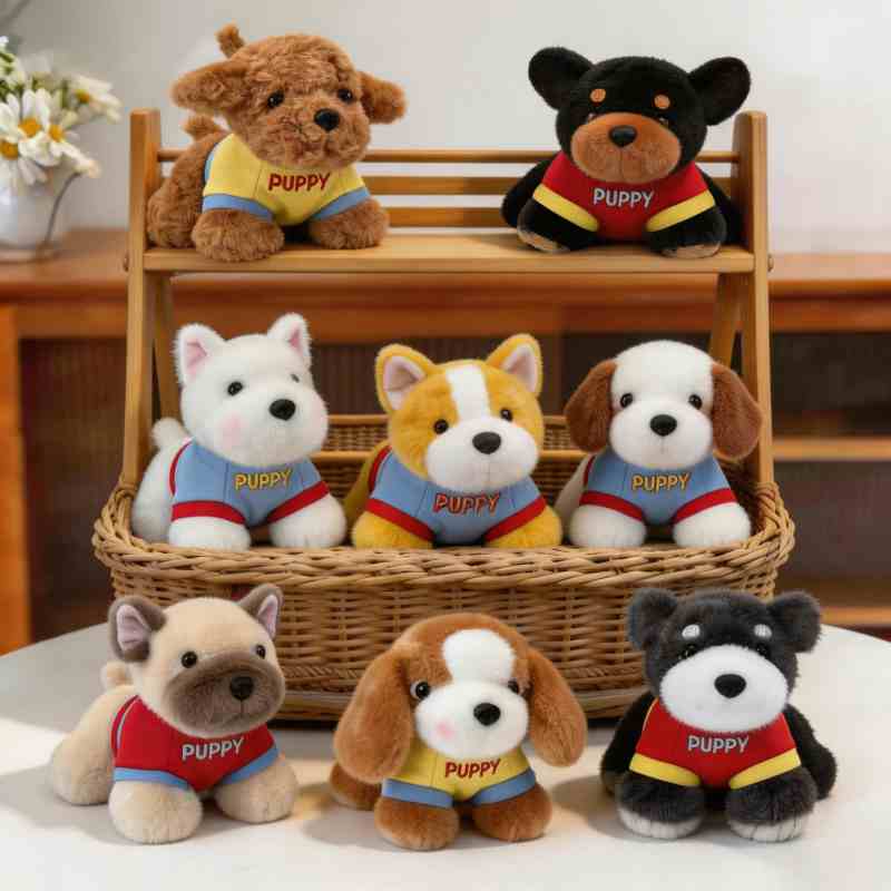 Premium boutique puppy plush collection wholesale display featuring multiple dog breeds sitting on wooden shelves and wicker baskets.