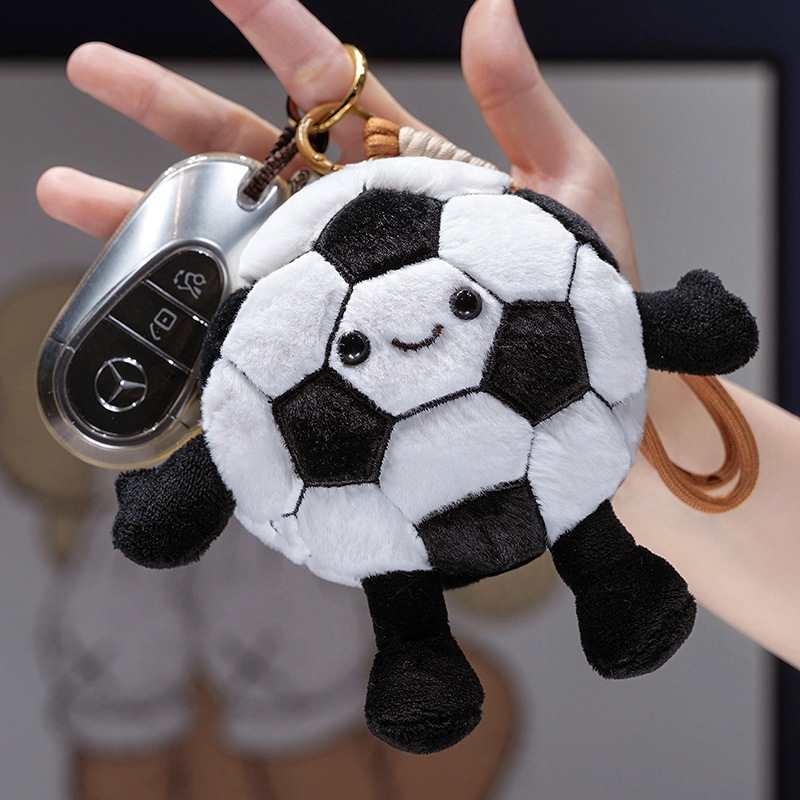 Premium boutique soccer ball plush pendant attached to car key for wholesale distributor sourcing.