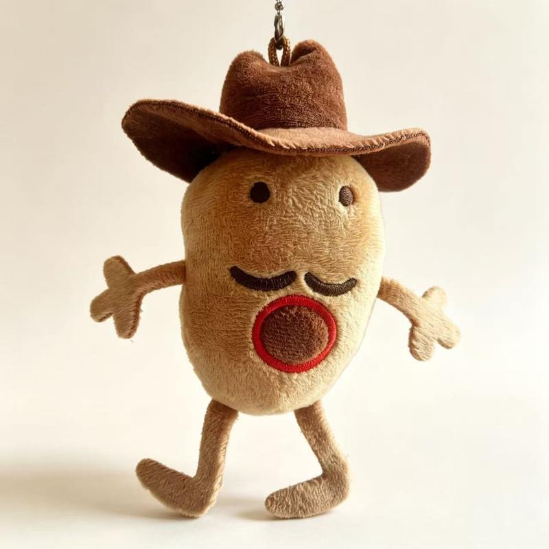 Premium quality cowboy potato plushie keychain showcasing factory direct stitching and OEM design.