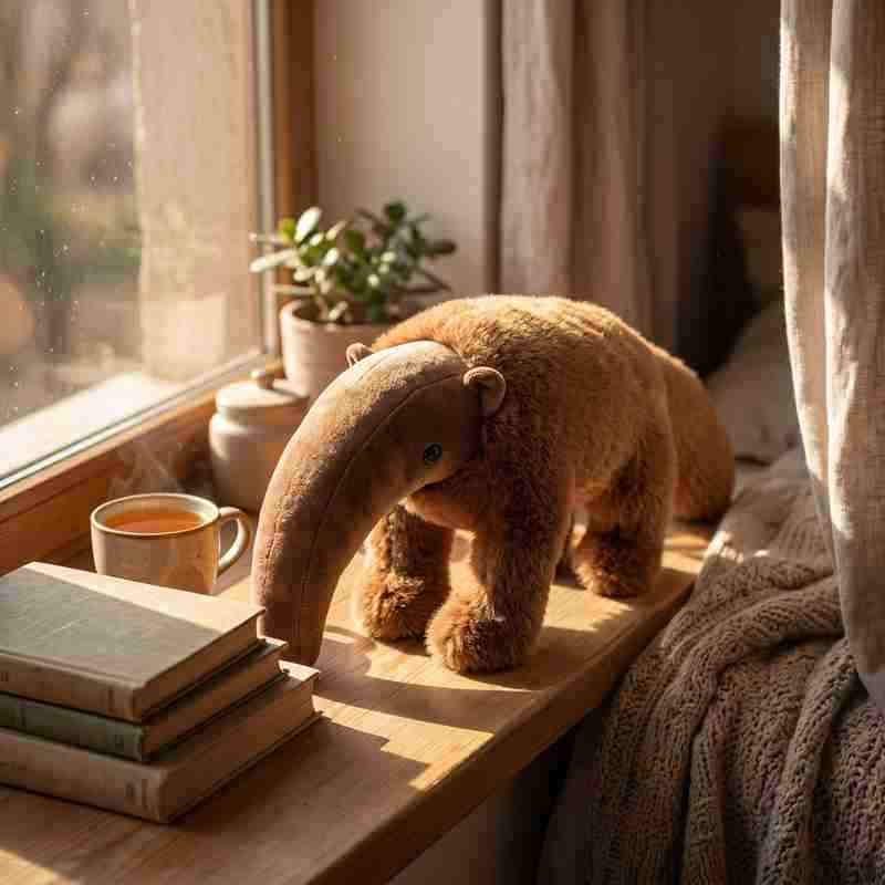 Premium cozy anteater plush sitting on a window sill, a fast-selling product for lifestyle and room decor distributors.