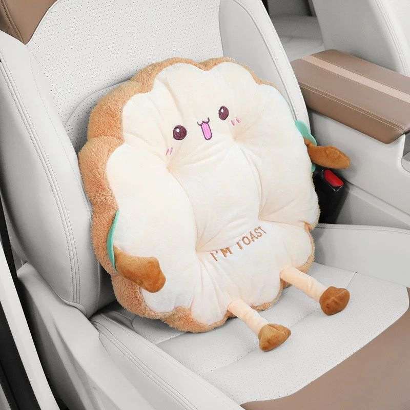 Premium cute toast plush car seat pad with tongue out for wholesale home decor suppliers.