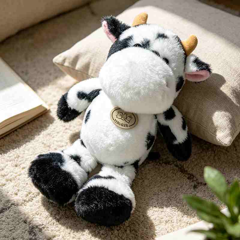 Premium fluffy cow plush toy sitting comfortably on a blanket, perfect for low MOQ mixed-carton bulk wholesale ordering.