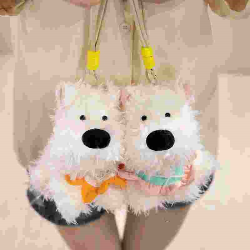 Premium fluffy dog plushie lanyard accessories hanging together, a trendy Gen Z bag charm for retail.