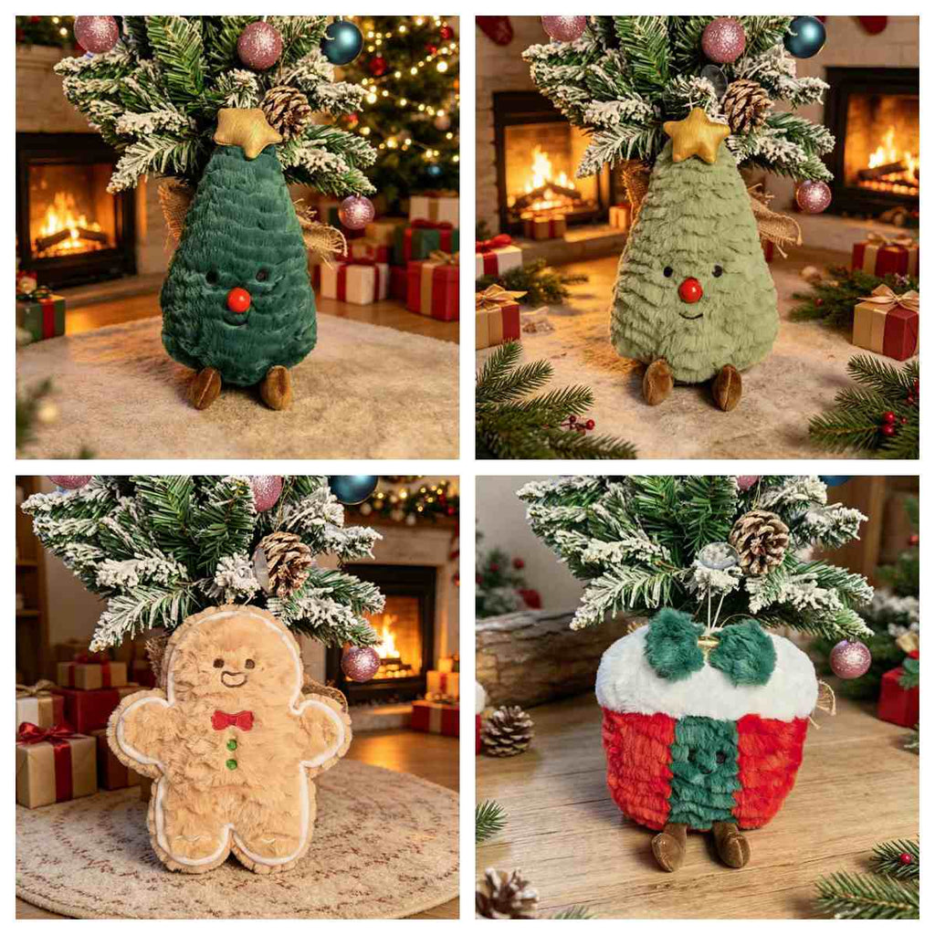 Premium gingerbread and xmas tree stuffed pillows hanging as fireplace decor, ideal for winter holiday home decor supply