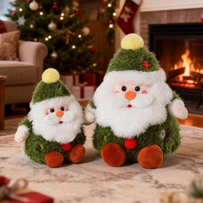 Premium holiday green Santa plushies in large and small sizes resting near a warm fireplace for wholesale suppliers.