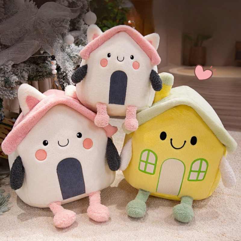 Three premium kawaii house plush cushions in pink, white, and yellow for B2B wholesale supply.