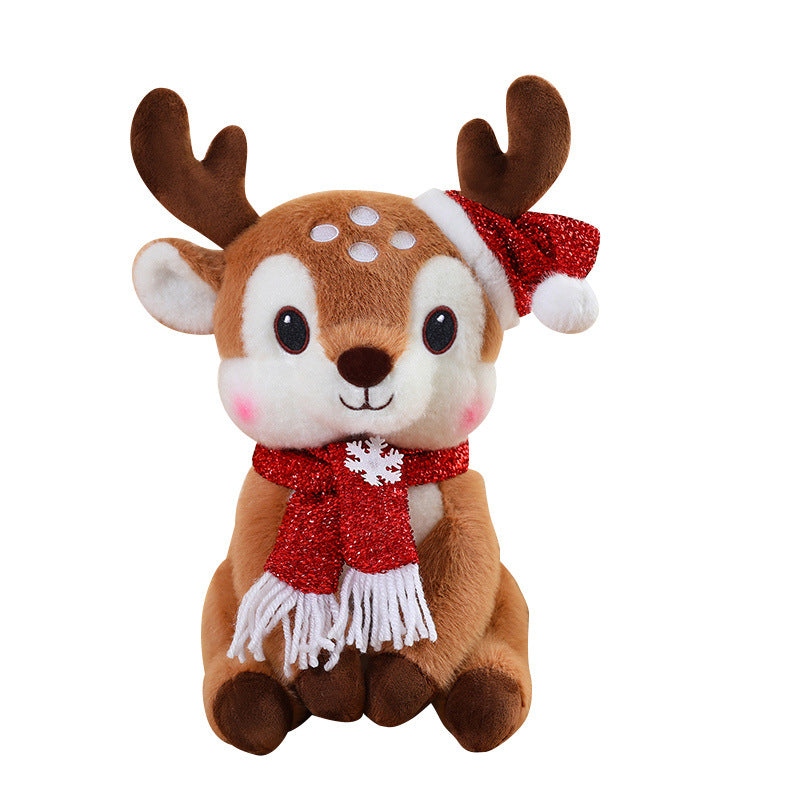 Premium kawaii reindeer plush with a red scarf and hat on a white background, designed for B2B distributors and toy stores.