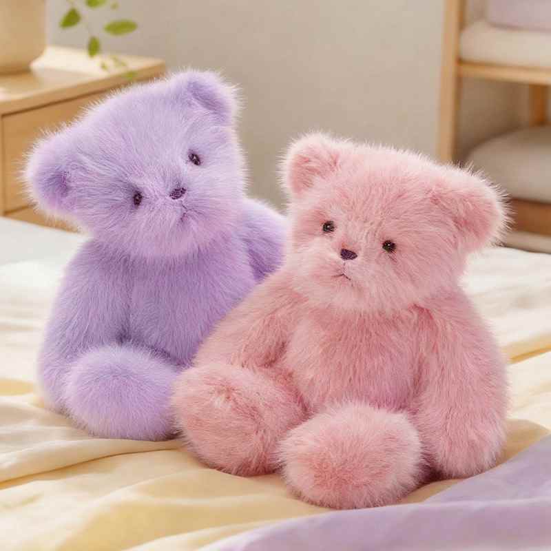 Premium pastel teddy bears in lavender purple and sakura pink, maximizing aesthetic appeal for gift shop distributors.