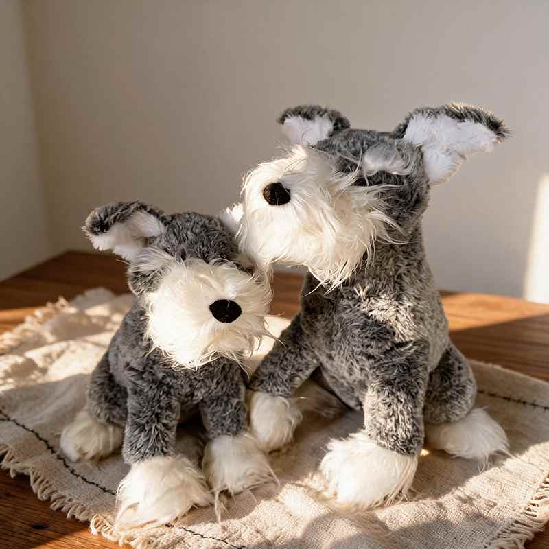 Large and small premium schnauzer puppy soft toys sitting together on a desk for wholesale suppliers.