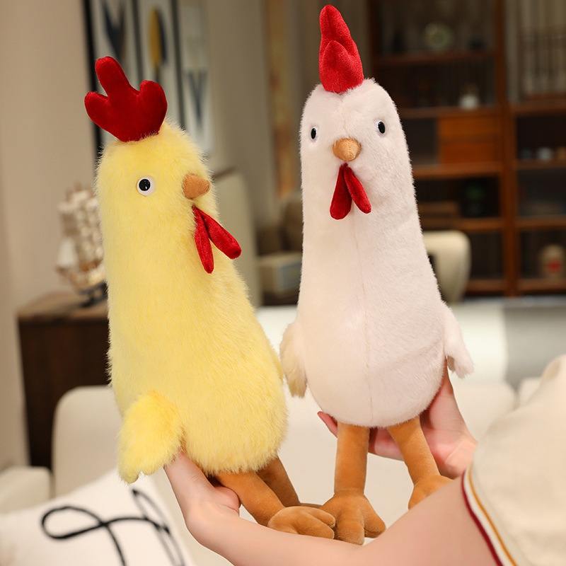Hands holding two sizes of quirky long chicken plush toys in yellow and white for premium suppliers.