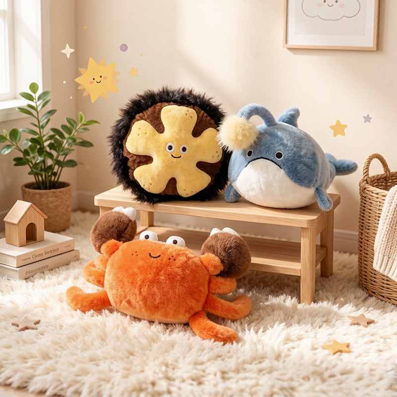 Premium sea creature plush toys set on a wooden bench in a cozy nursery room setting.