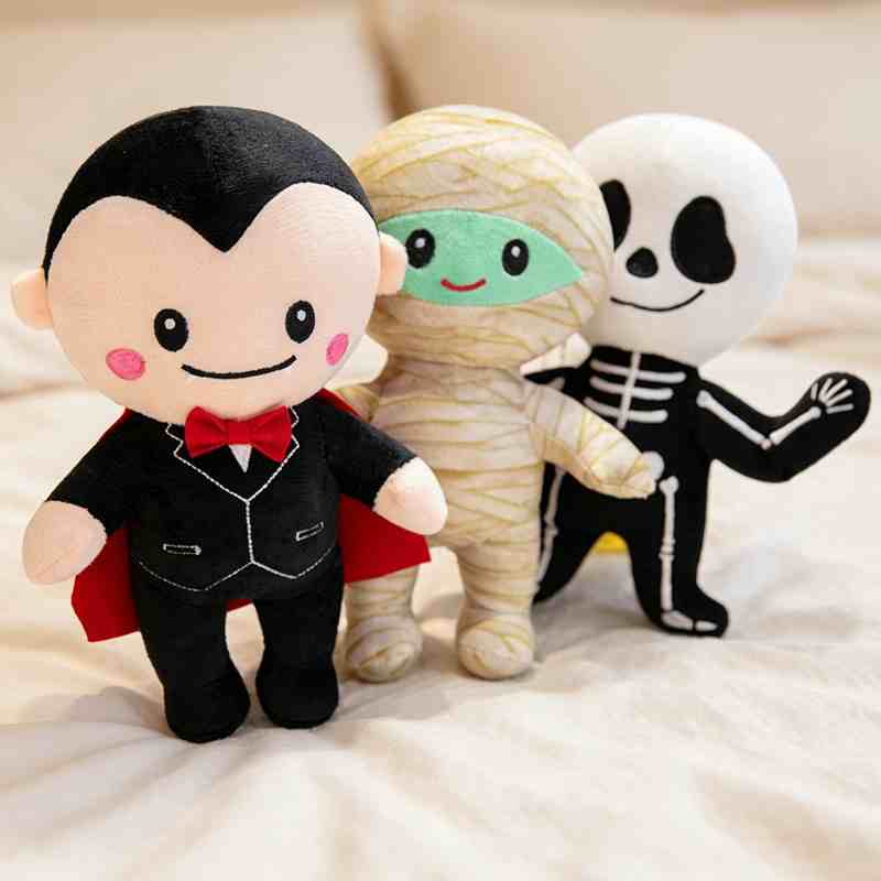 Premium spooky cute Halloween plushies in a line display, demonstrating OEM custom options and styling for gift boutique supply.