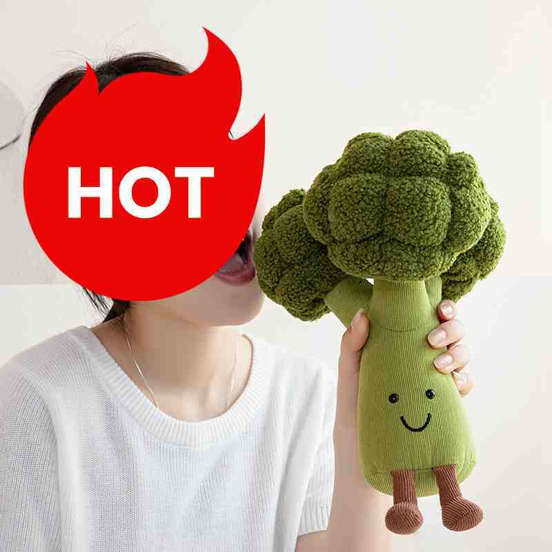 Premium plush broccoli stuffed toy close-up, showing durable stitching for B2B wholesale buyers.