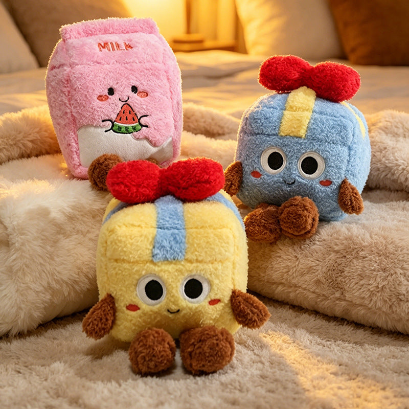 Premium stuffed milk carton and gift box cushions displayed on a bed, tailored for high-end pop culture boutique supply.